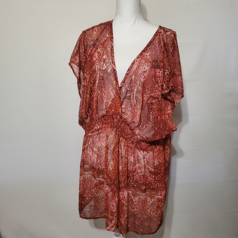 Pure Energy Size 4X Plus Smocked Babydoll Sheer Kimono Sleeve Top Blouse